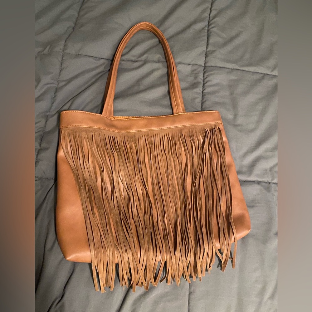 Tan Boho hippie fringe shoulder bag.